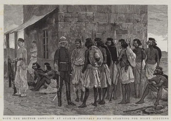 Con la guarnición británica en Suakim, nativos amistosos partiendo para el reconocimiento nocturno